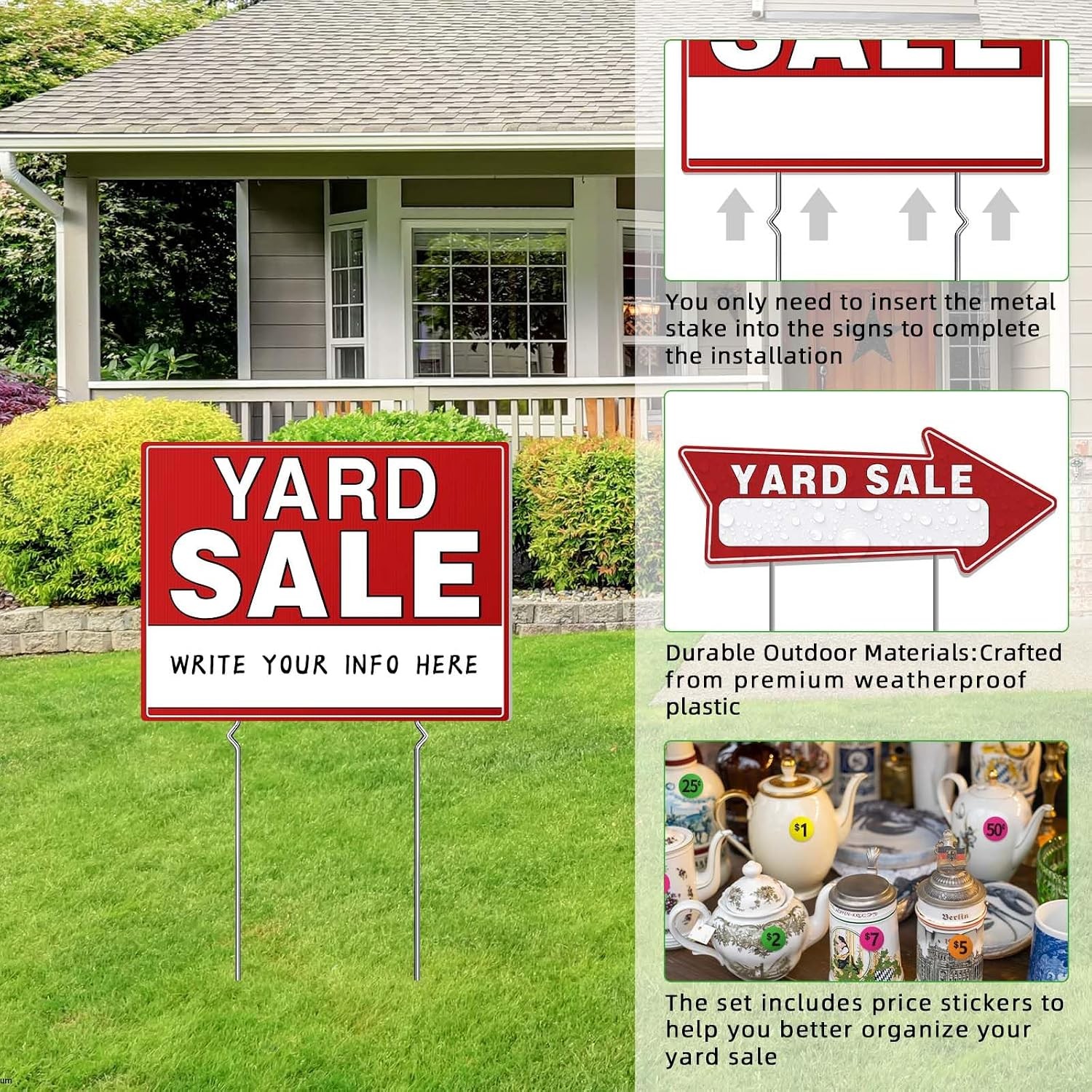 Yard Sale Signs Double Sided 17&Prime; x 13&Prime; Metal Stake Pricing Stickers Included