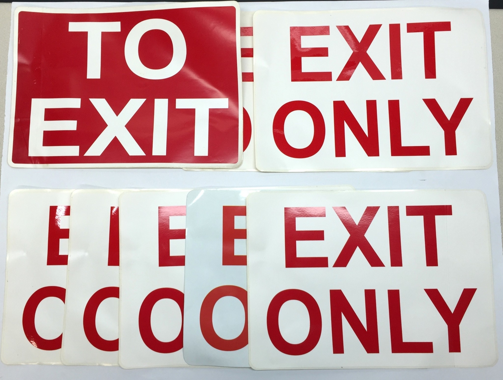Unbranded 14&Prime;x10&Prime; &lsquo;Exit Only&rsquo; (7)/ &lsquo;To Exit&rsquo; (1) Adhesive Back Signage NOS