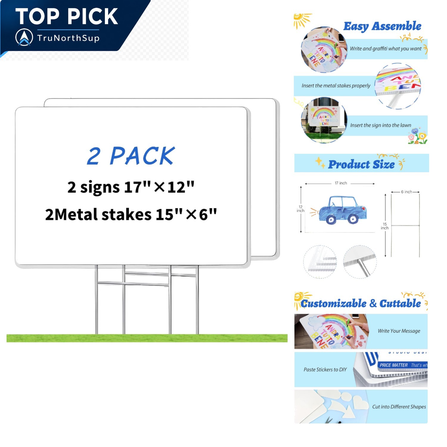 2 Pack Blank Yard Signs with Stakes 17×12 Inches Corrugated Plastic Outdoor DIY