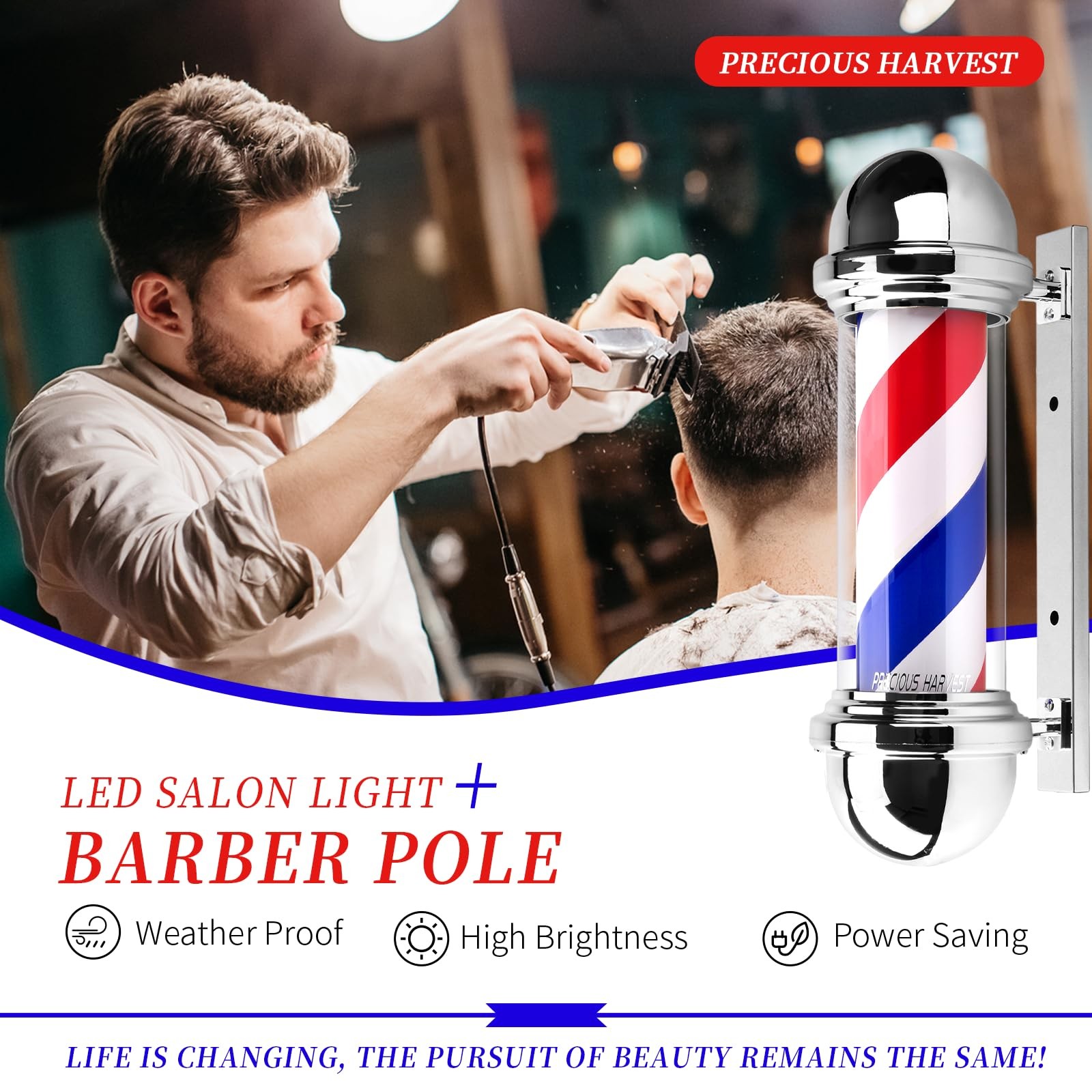 Precious Harvest 20 Inch Barber Pole – Red Blue White (Silver)