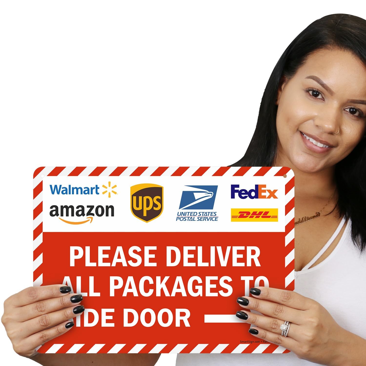 Deliver Packages To Side Door Sign Right Arrow 14×10 Inch Aluminum Striped
