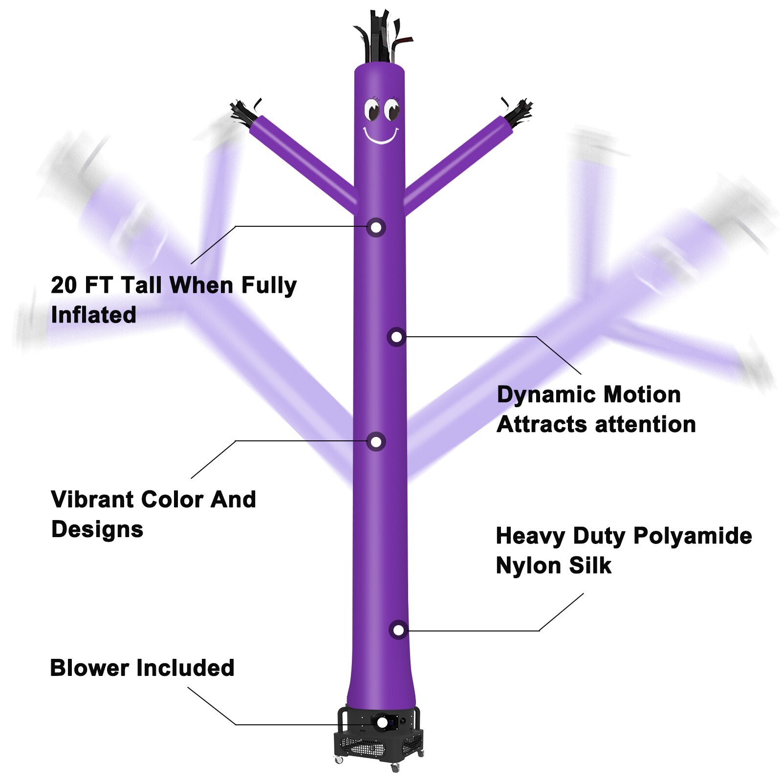 MOUNTO 20ft Purple Inflatable Dancer Sky Puppet Dancer with 1hp 18inch Blower
