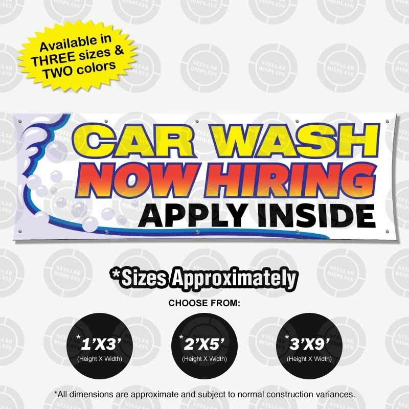 CAR WASH Now Hiring Banner Vinyl Display Various Bright Color Sign Poster Lona