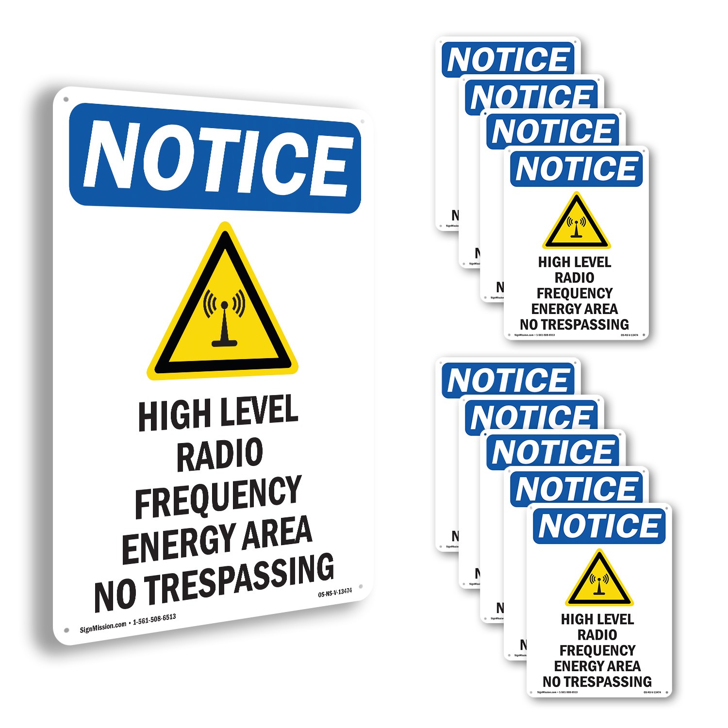 High Level Radio Frequency OSHA Notice Sign Metal, Plastic, Decal 5 or 10 Pack
