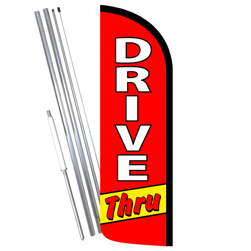 DRIVE THRU (Red/White) Windless Feather Flag Bundle (Complete Kit) OR Optional R