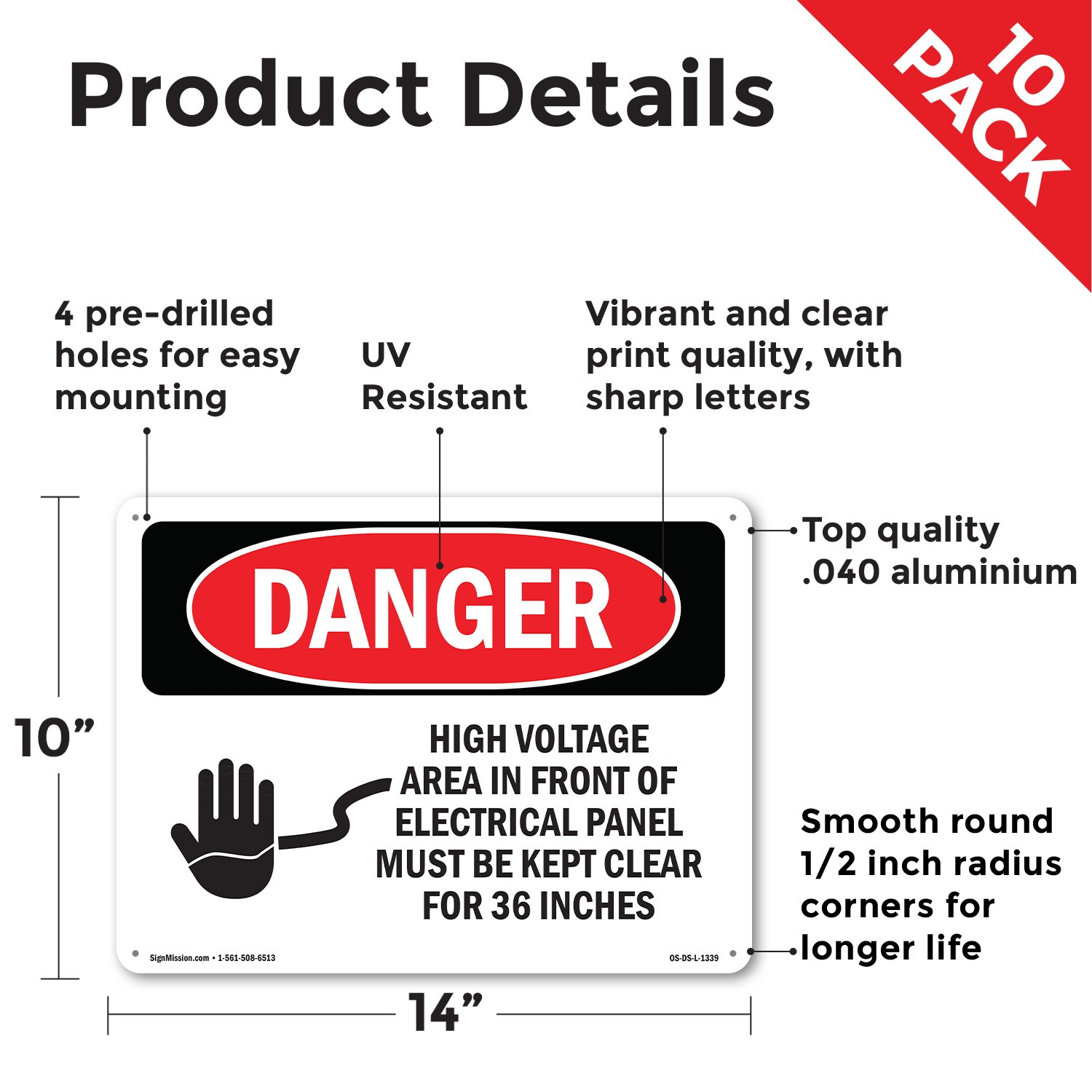 High Voltage Area Electrical Panel 36 Inches OSHA Danger Sign, Decal 5/10 Pack
