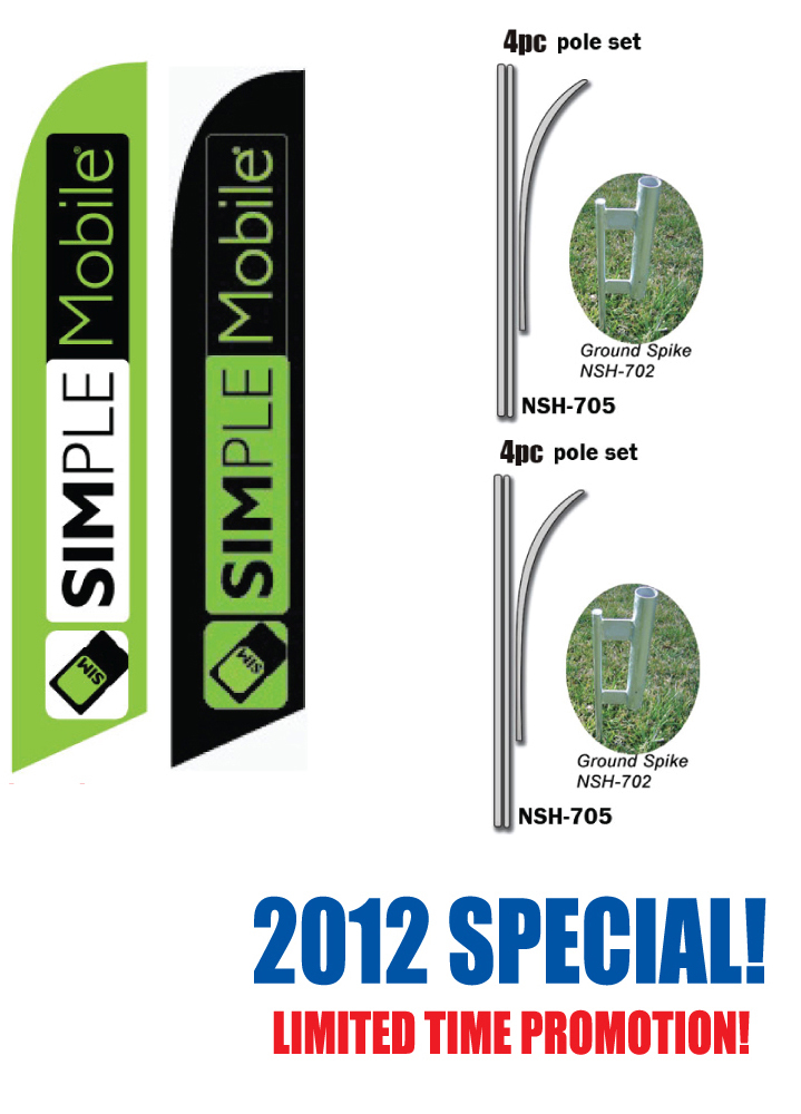 TWO « Simple Mobile » Feather Banner Flag Sets – POLE SETS INCLUDED w/ spikes