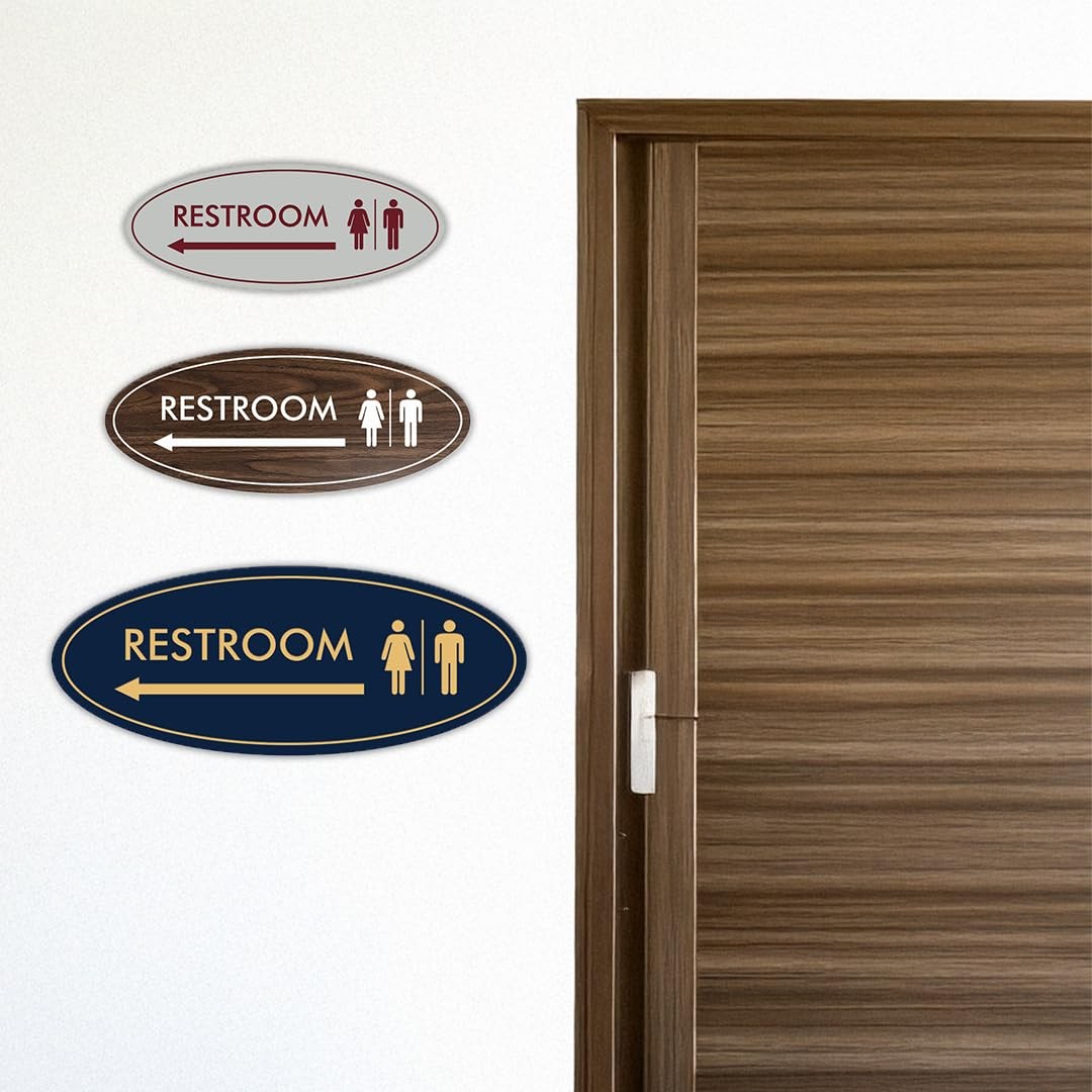 Oval Restroom Left Arrow Sign Large Brushed Gold Wall Mount Bathroom Plaque