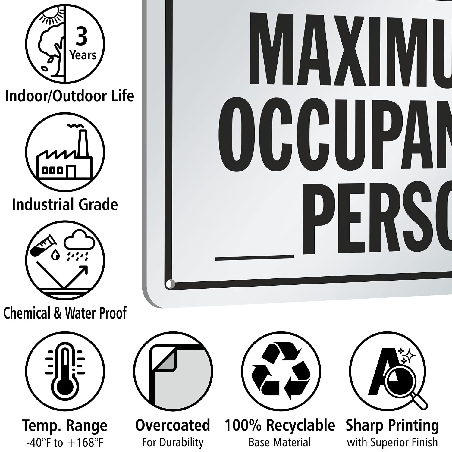 7×10 Inch Maximum Occupancy WriteOn Sign 55 Mil HDPE Plastic Black White