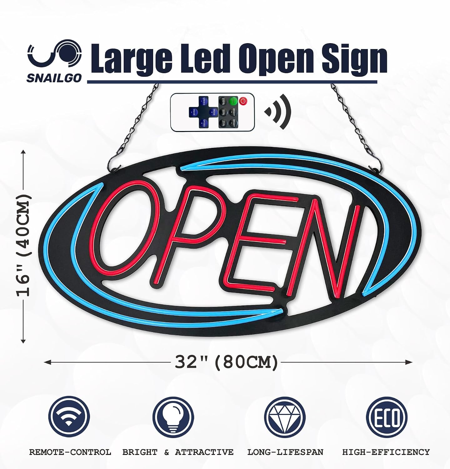 Neon Open Sign 32x16in LED Lighted Remote Flashing Window Store Business