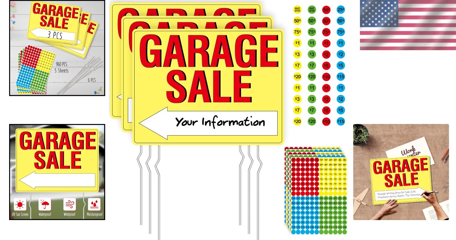 3PCS Bright Yellow Double-Sided Garage Sale Signs with Stakes & Price Labels
