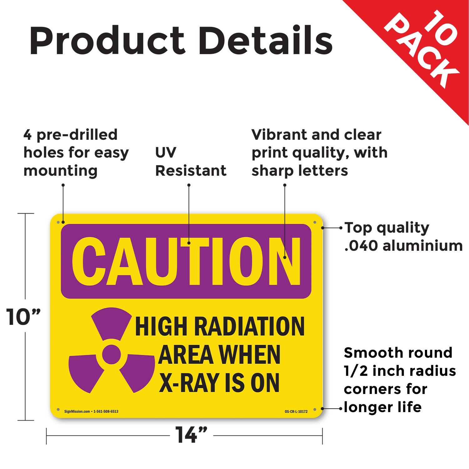 High Radiation Area X OSHA Caution Radiation Sign Metal, Decal – 5 or 10 Pack