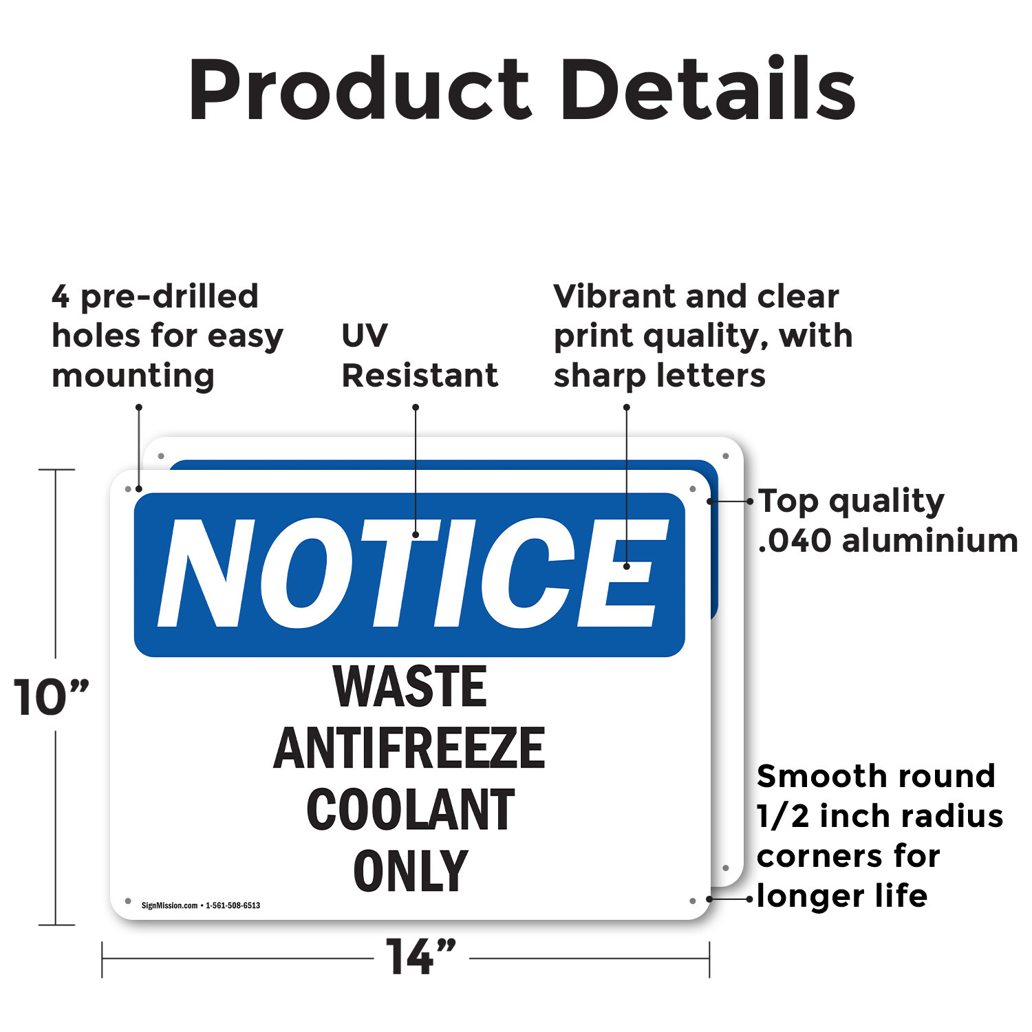 (2 Pack) Waste Antifreeze Coolant Only OSHA Notice Sign Decal Metal Plastic