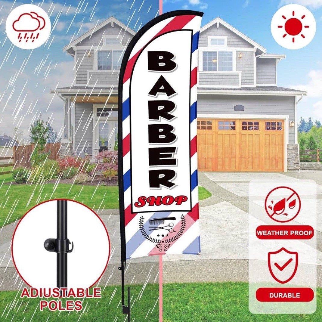 3 Set Barber Flag Walk Ins Welcome Barbershop Swooper Flag Poles, 12 FT x 2 FT