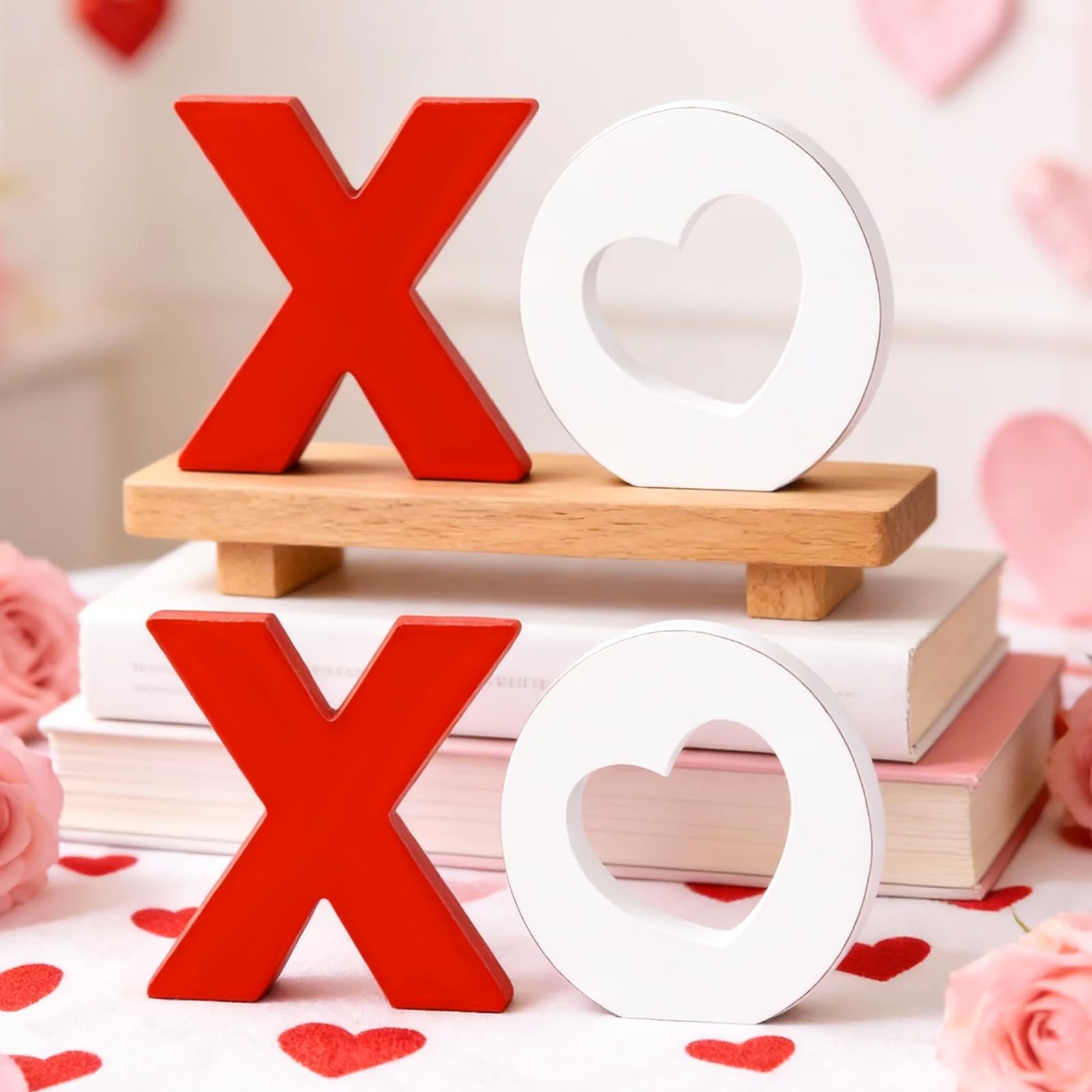 4 PCS Valentines Day Wooden XOXO Tabletop Tiered Tray Decoration Home