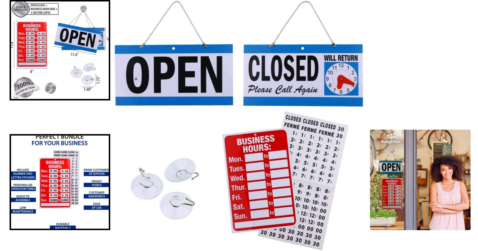 Customizable Open Closed Business Hours Sign Bundle with Suction Cups – 4 Pieces