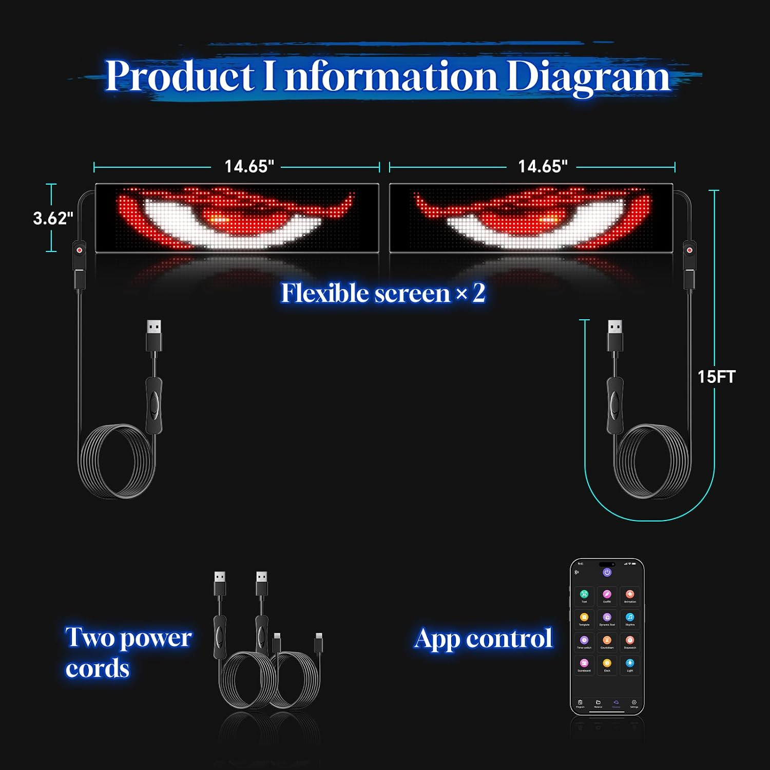 LED Sign for Car Devil&rsquo;S Eyes Light for Windshield APP Control Scrolling Display