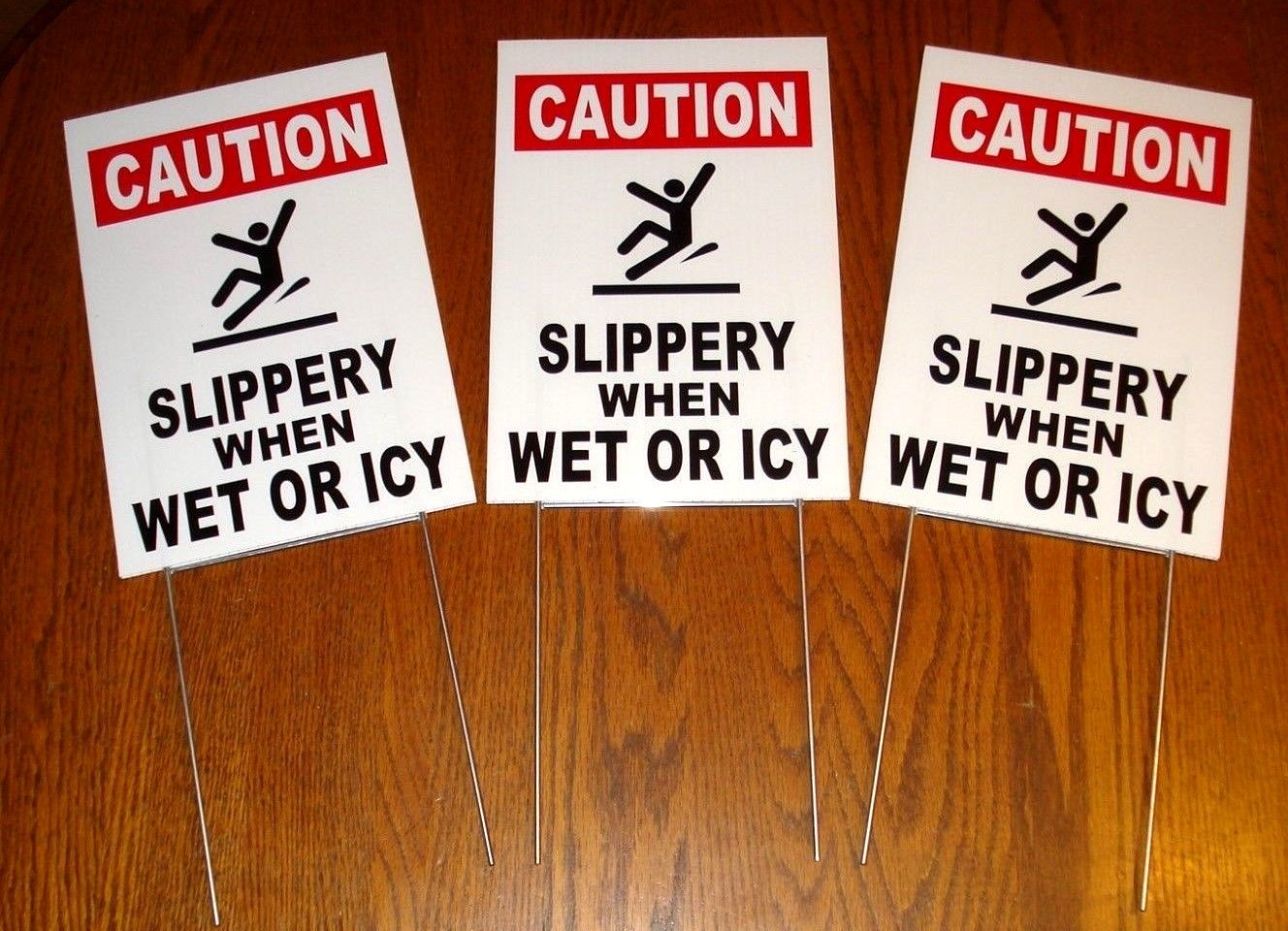 (3) CAUTION -SLIPPERY WHEN WET OR ICY 8&Prime; x12&Prime; Plastic Coroplast Signs w/Stakes w