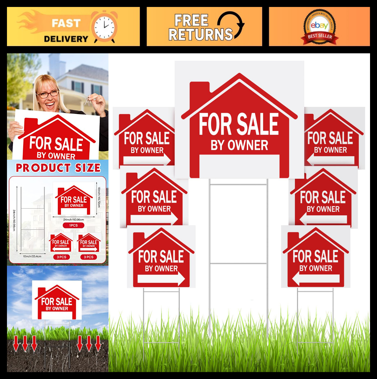 7 Pcs Double-Sided Open House Signs 24×18&Prime; with Directional Arrows & Metal Stake