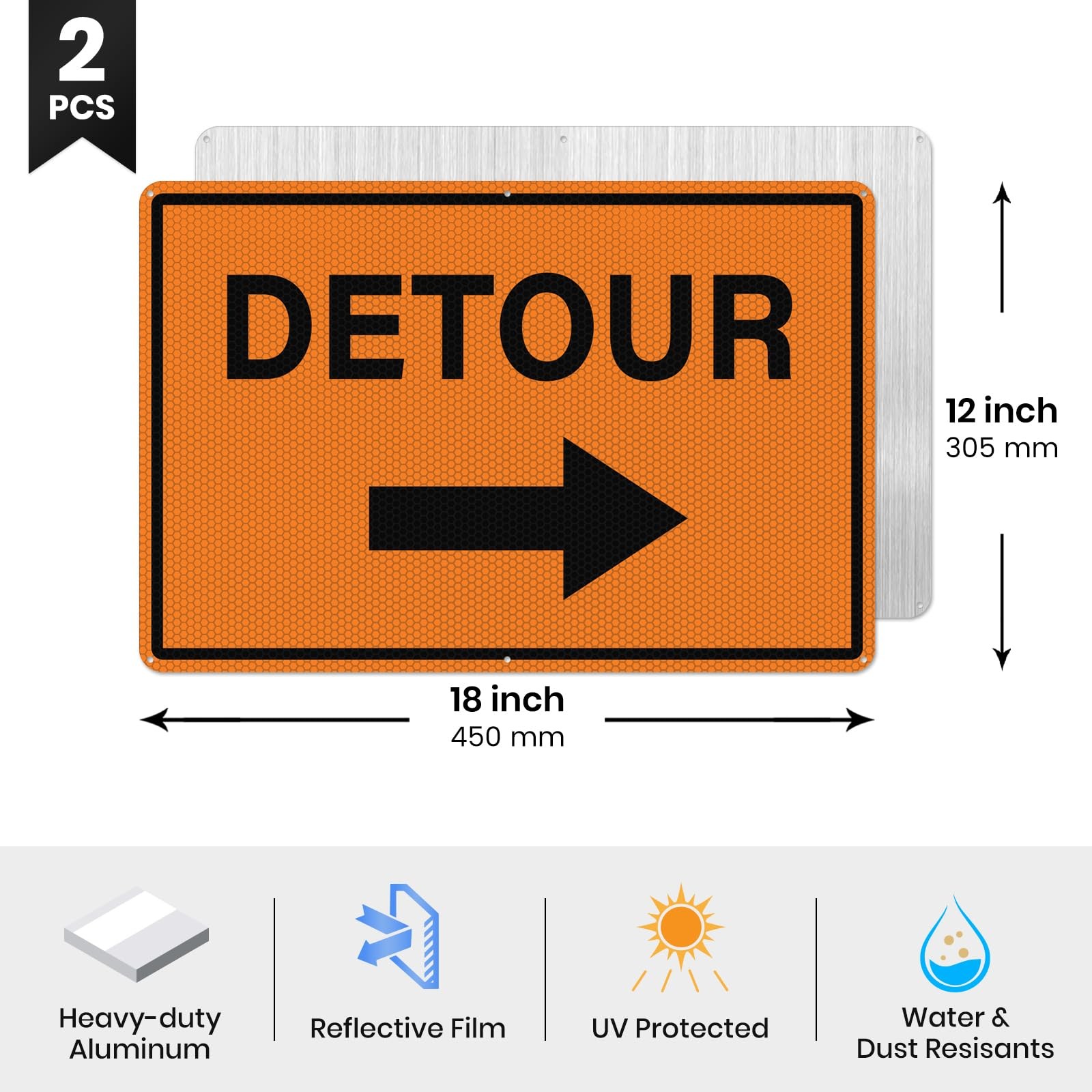 2 PCS 12×18 Inch Detour Sign Right Arrow Reflective Aluminum Traffic Sign