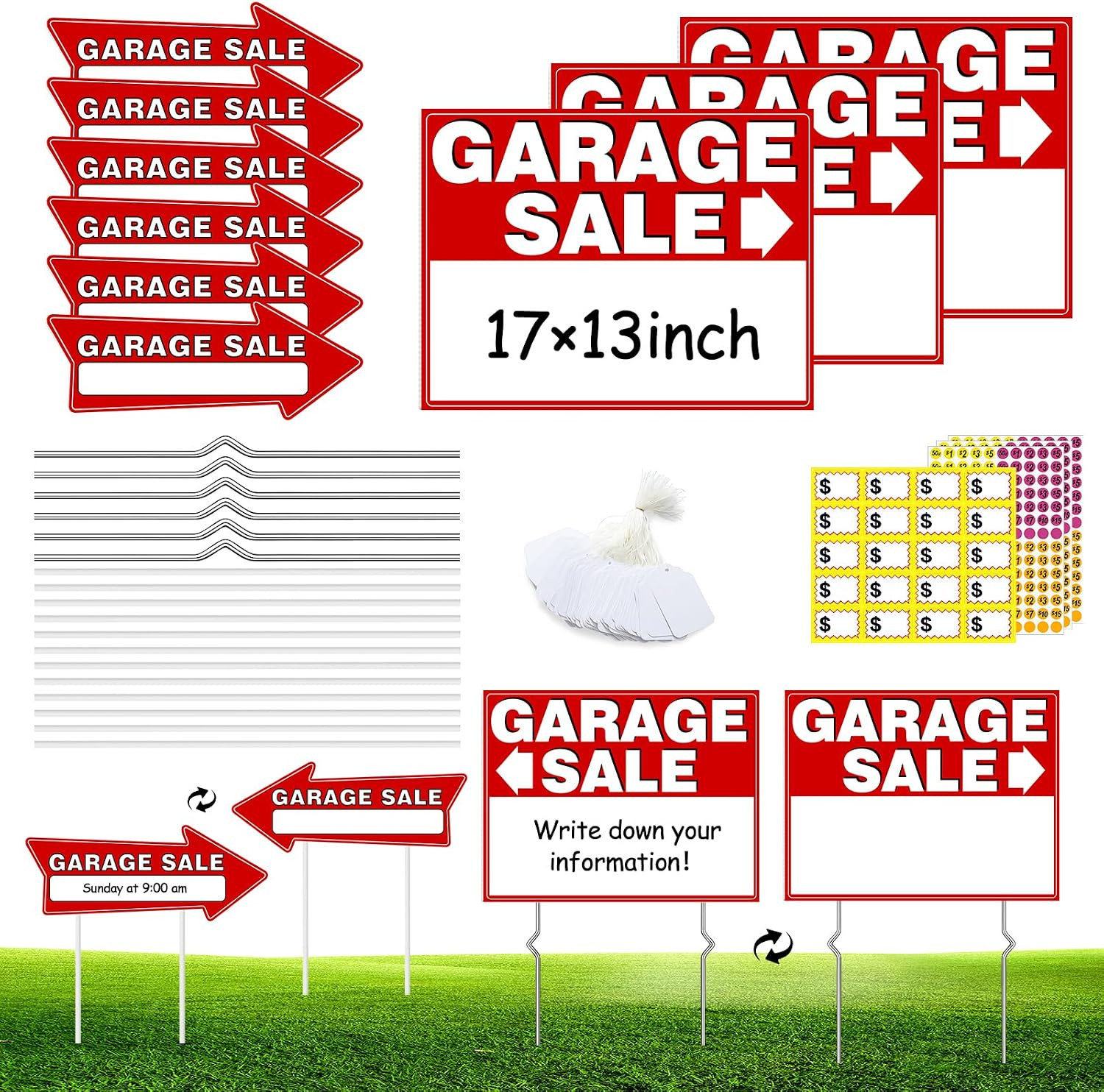 Garage Sale Signs Kit (14Pack)-17×13 Inch Large Garage Sale Sign with Metal Stak
