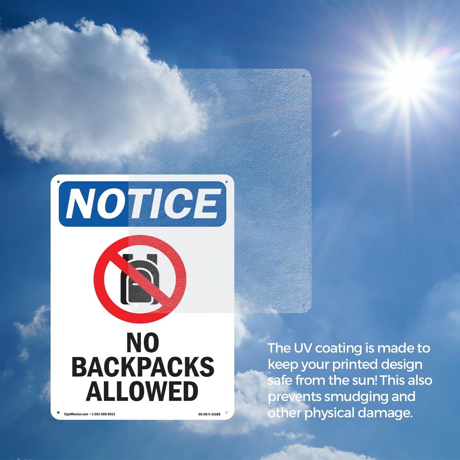 No Backpacks Allowed OSHA Notice Sign Metal, Plastic, Or Decal – 5 or 10 Pack