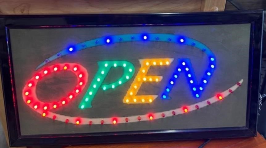 Multi colored rotating lights open sign for business-video included in listing