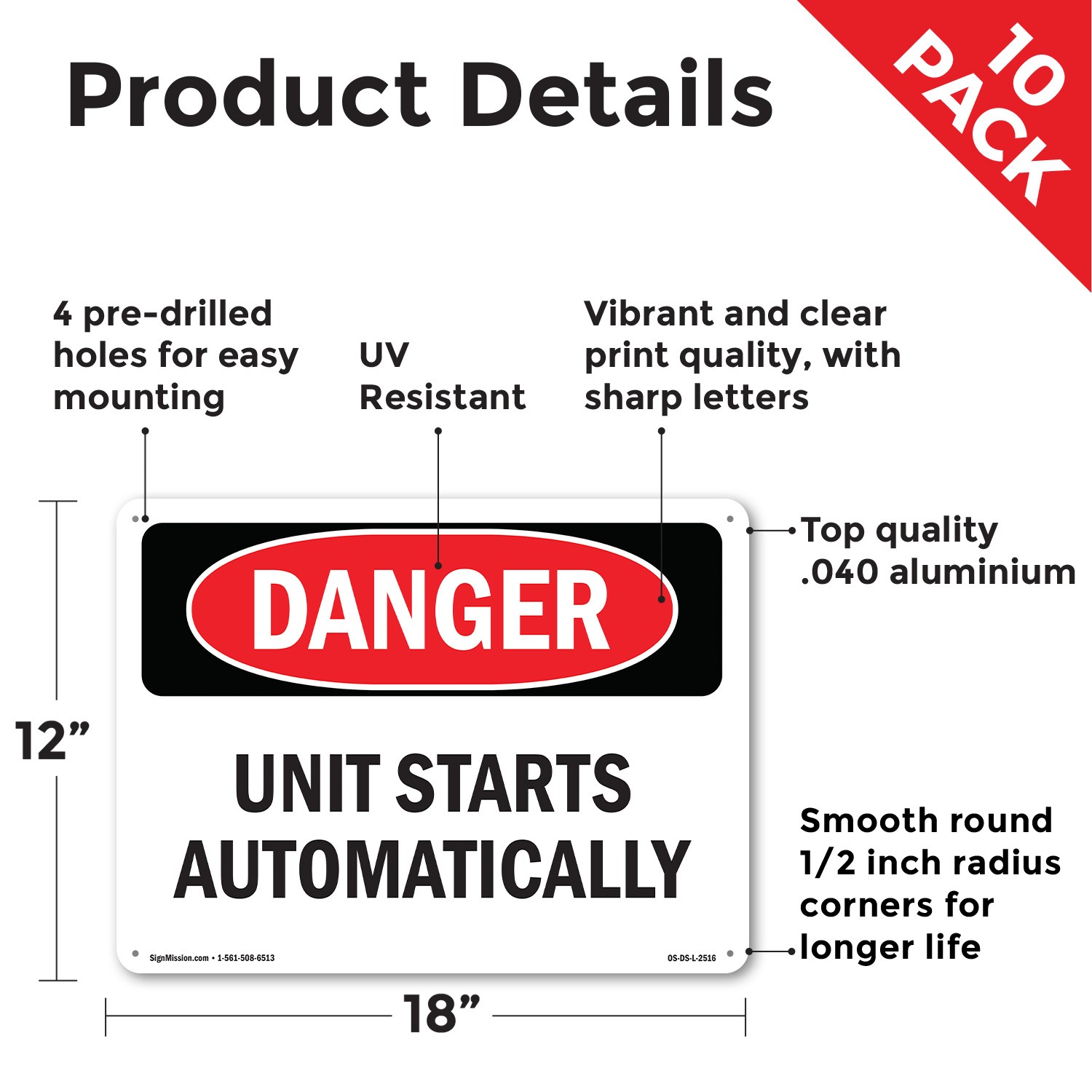 Unit Starts Automatically OSHA Danger Sign Metal Plastic Or Decal – 5 or 10 Pack