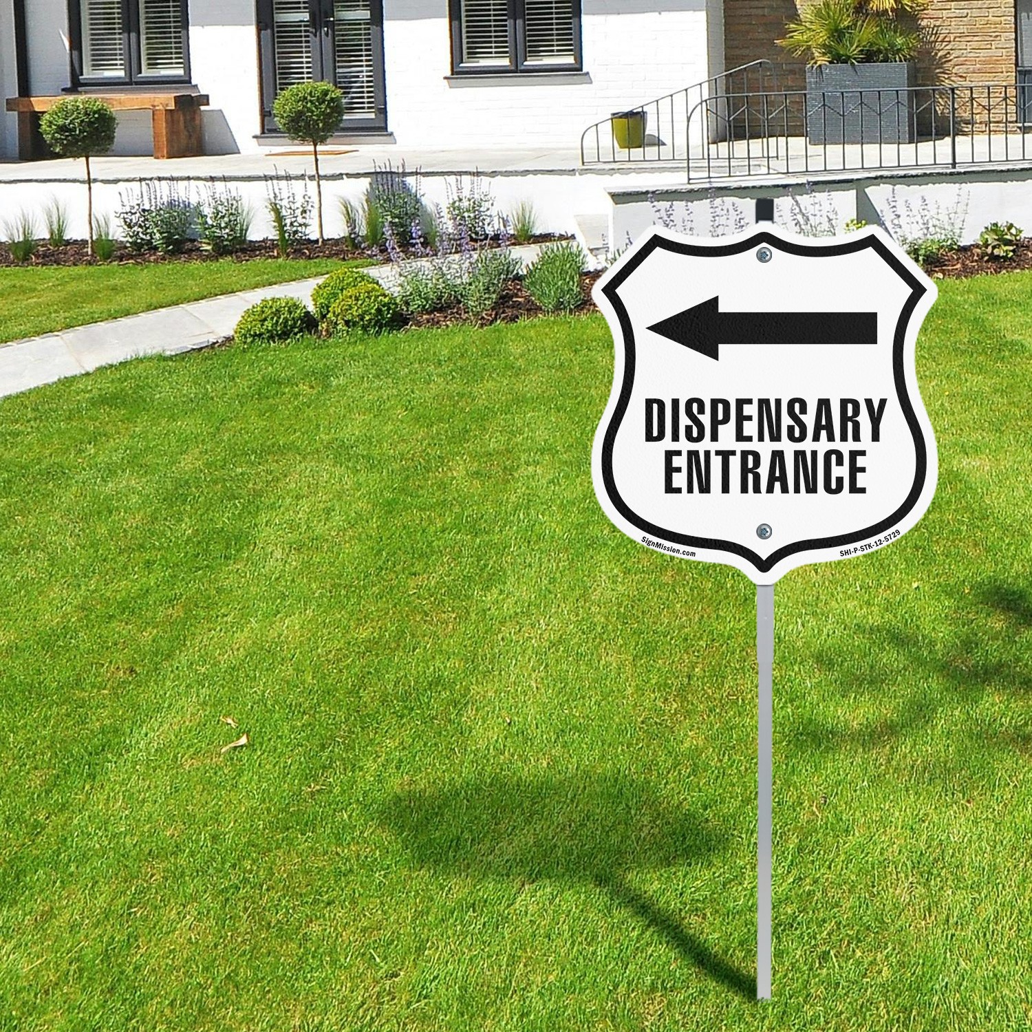 Dispensary Entrance Left Shield Shaped Sign With Stake Crafted in the USA