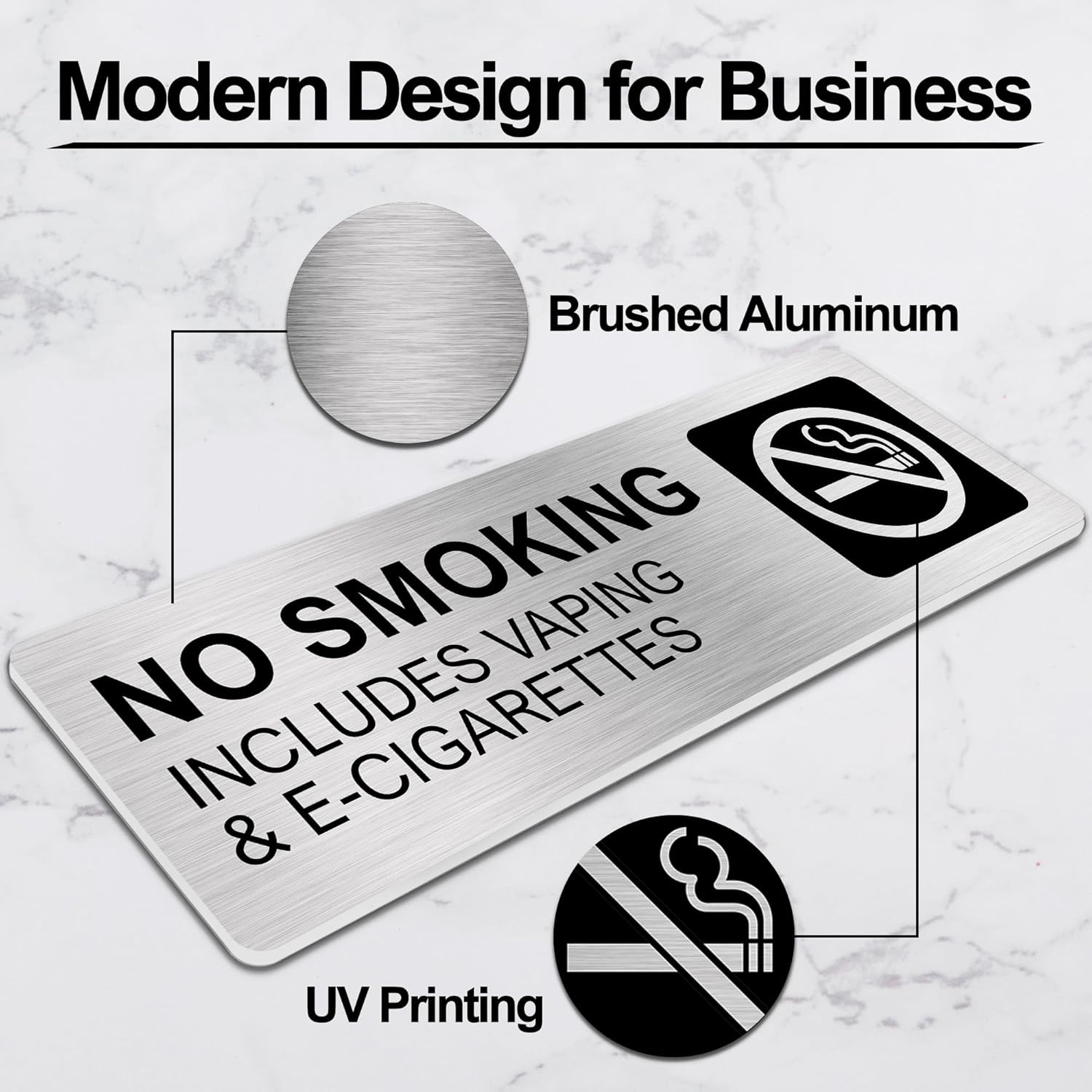 No Smoking Signs for Business, No Vaping Signs, 9 X 3 Inches Brushed Aluminum, W