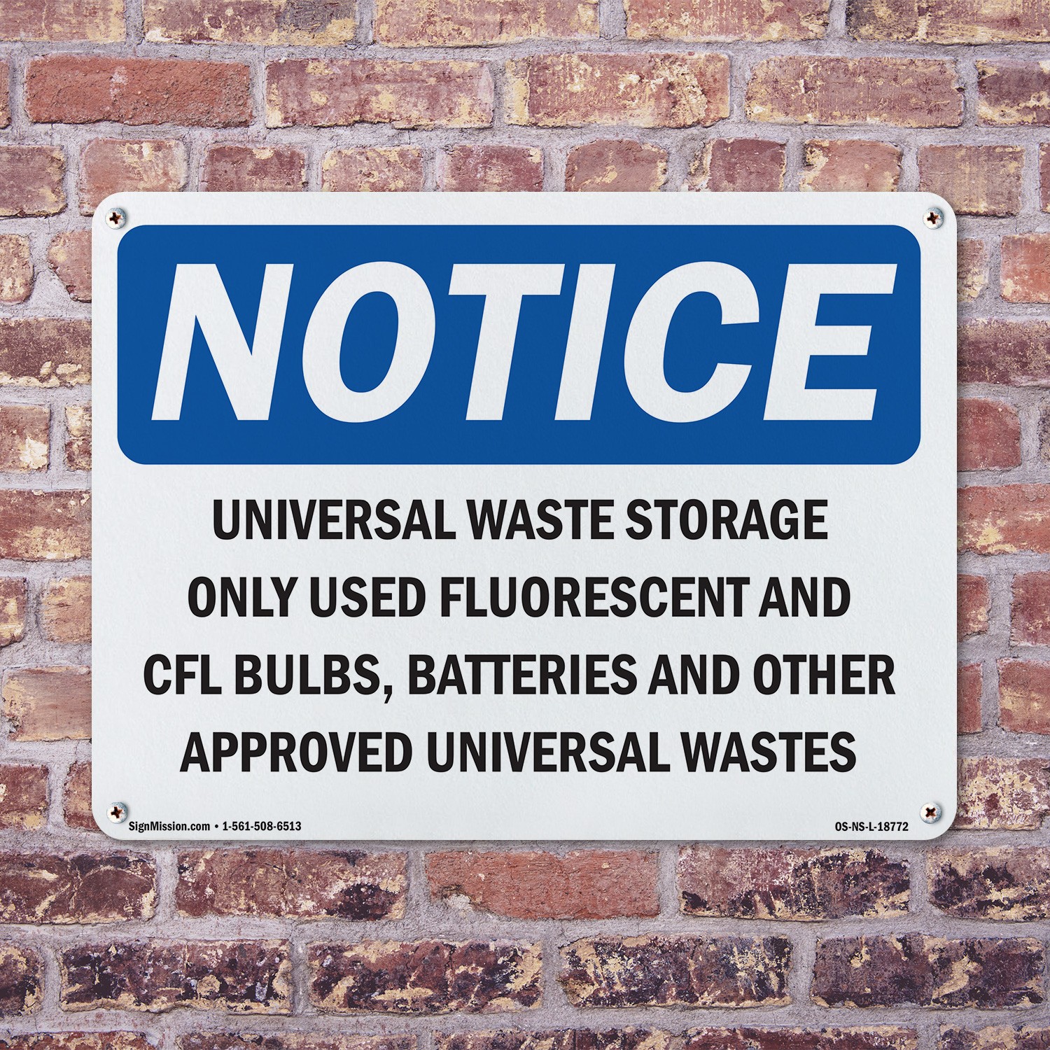 Universal Waste Storage Only Used Fluorescent OSHA Notice Sign, Decal 5/10 Pack