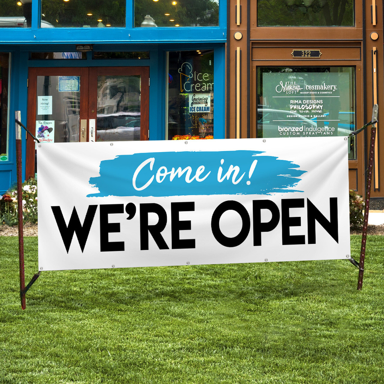 7ft. Wide by 2.5ft. Generic COME IN WE&rsquo;RE OPEN Vinyl Banner Business Sign Aviso