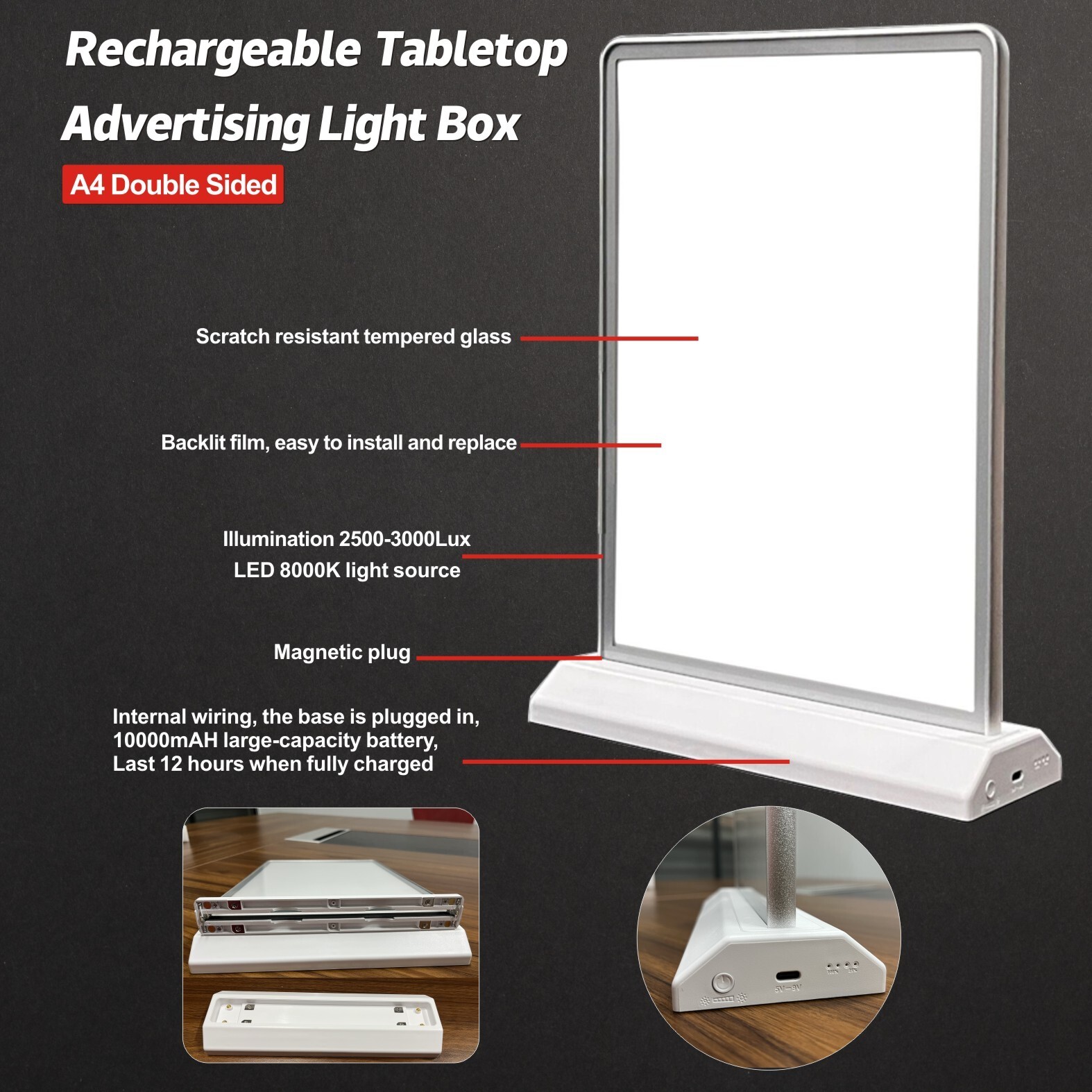 A4 LED Light Box Sign Double Side Menu List (Includes Printing 2 Backlit Films)