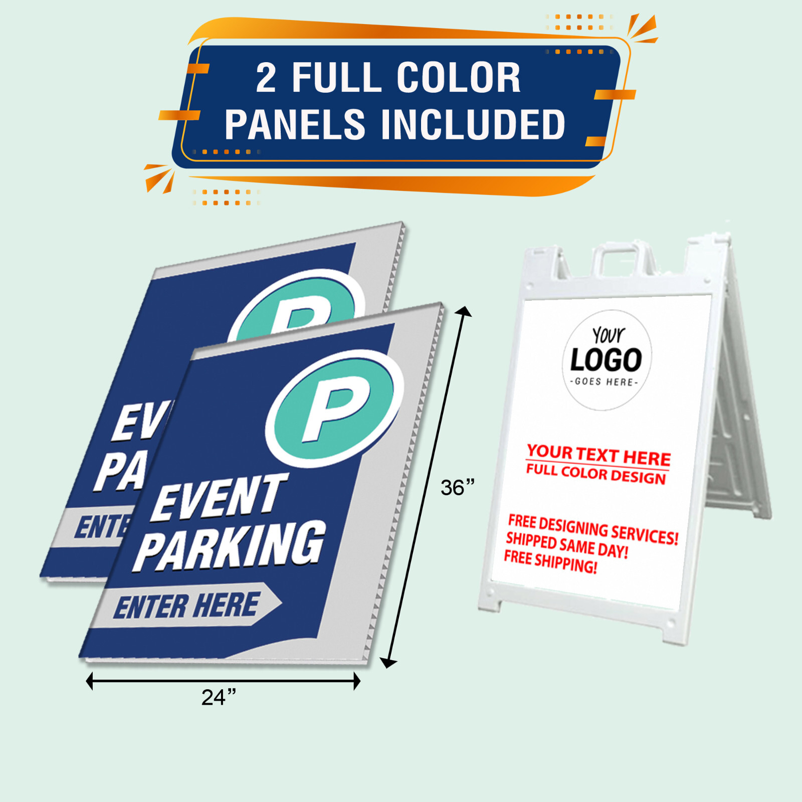 SideWalk Sign & 2 Plastic Sign Panels 24 »x36 » Custom Printed Your Text & Logos
