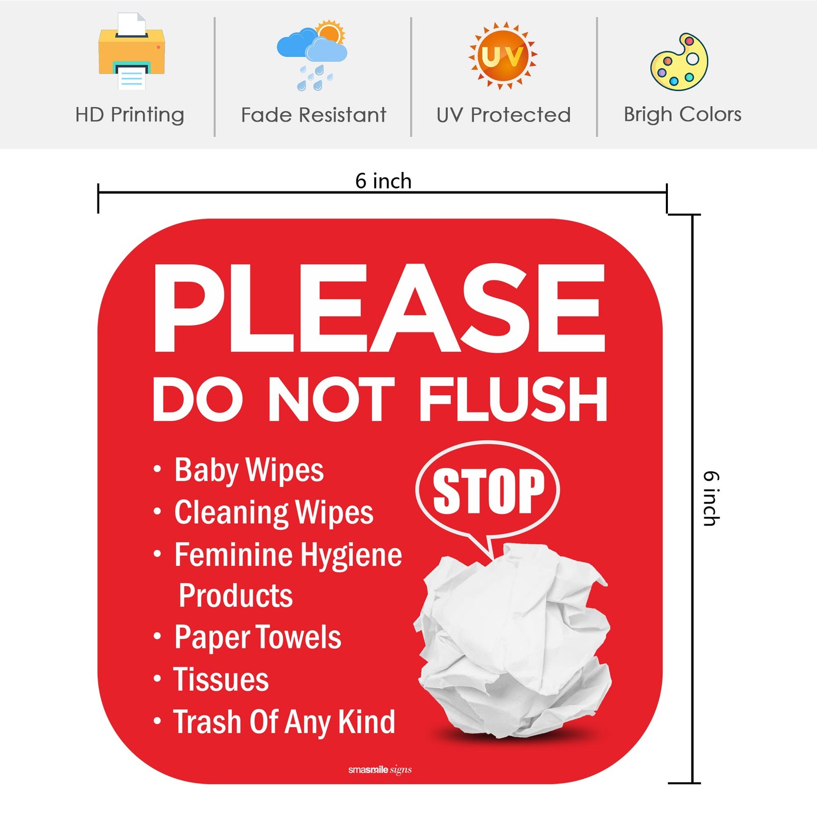 10 Pack 6×6 Inch Please Do Not Flush Sign Self Adhesive Decal Signs