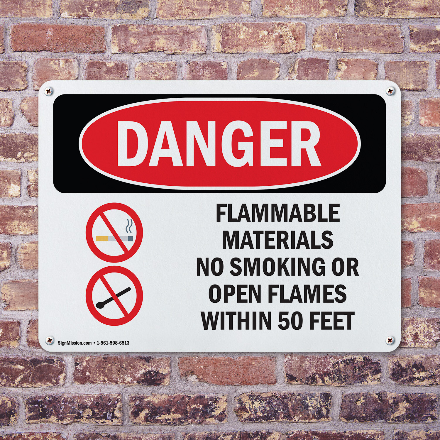 (2 Pack) Flammable Materials No Smoking 50 Feet OSHA Danger Sign Decal Metal