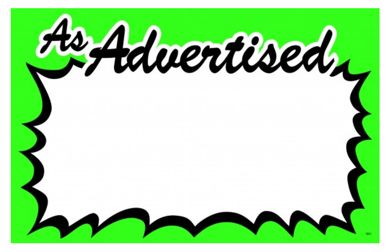 100 – 3.5&Prime; x 5.5&Prime; AS ADVERTISED Retail cards for Stores Nice Signage Signs