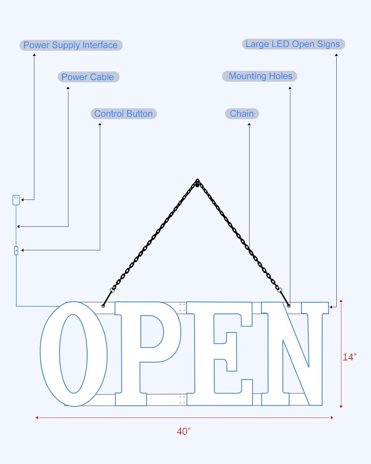Ultra Bright 40&Prime;x14&Prime; Large LED Open Sign for Business with Hanging Installation