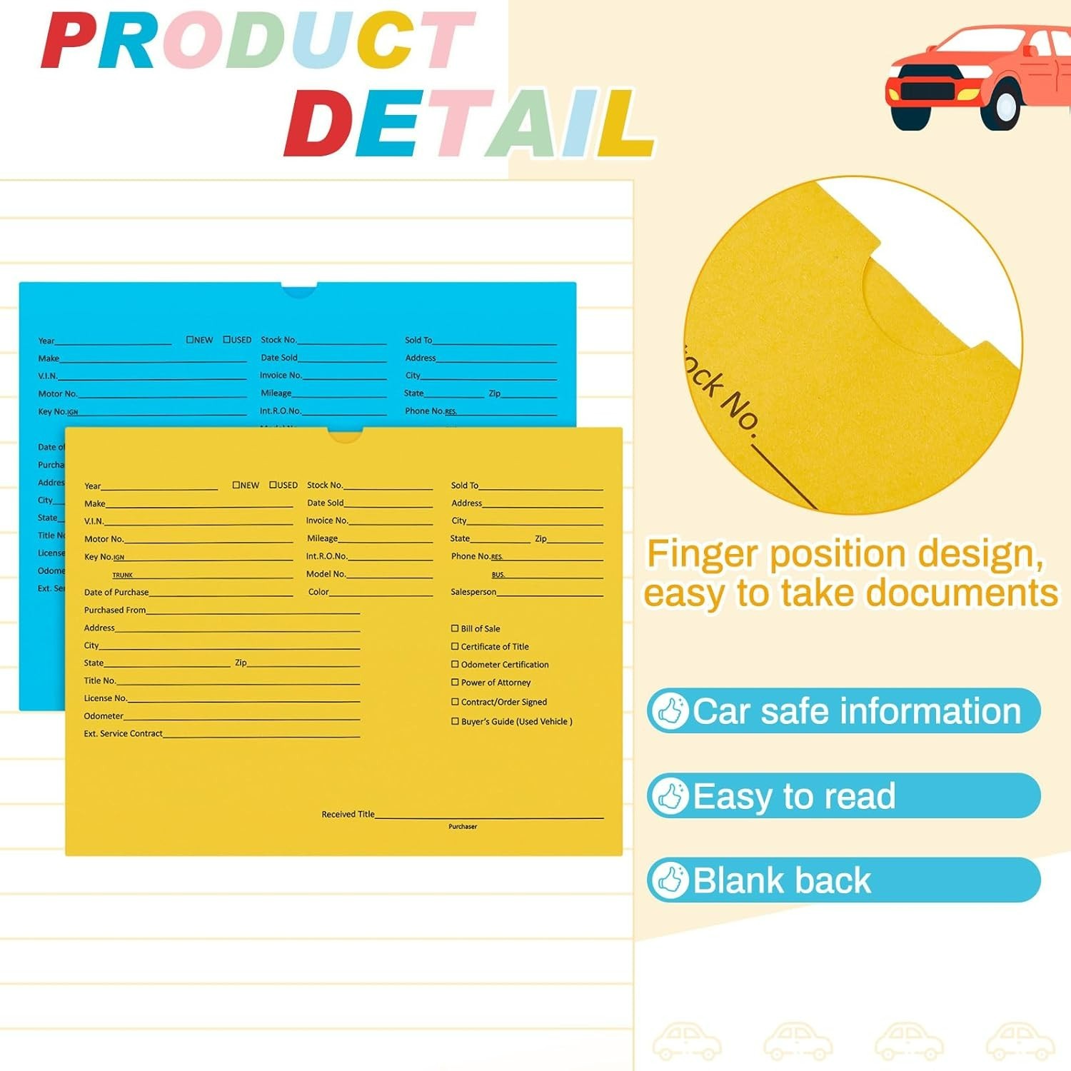 120 Pcs Colorful Vehicle Dealer Jackets for Car Dealerships, 9×12 Inch