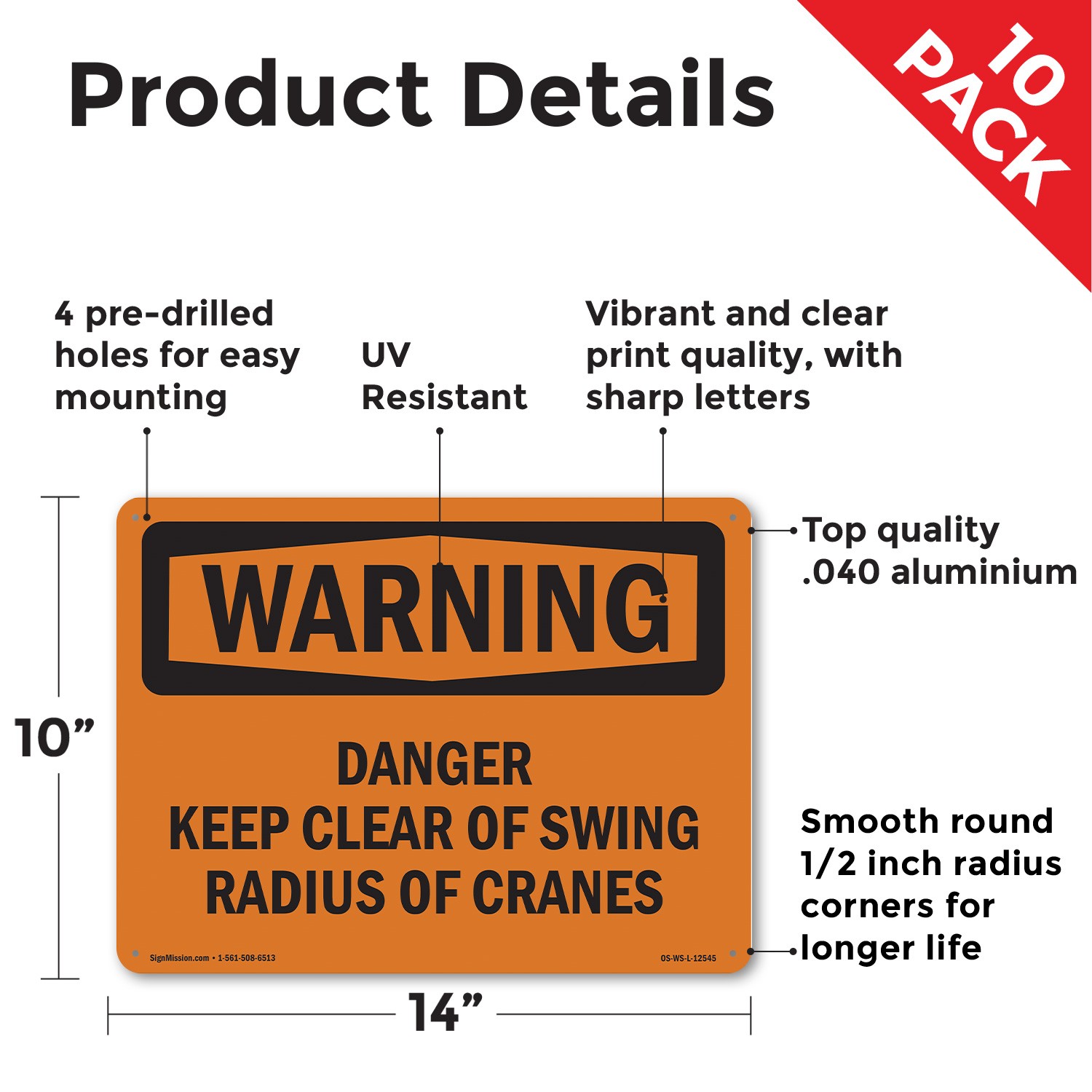 Danger Keep Clear Of Swing Radius OSHA WARNING Sign Metal, Decal – 5 or 10 Pack