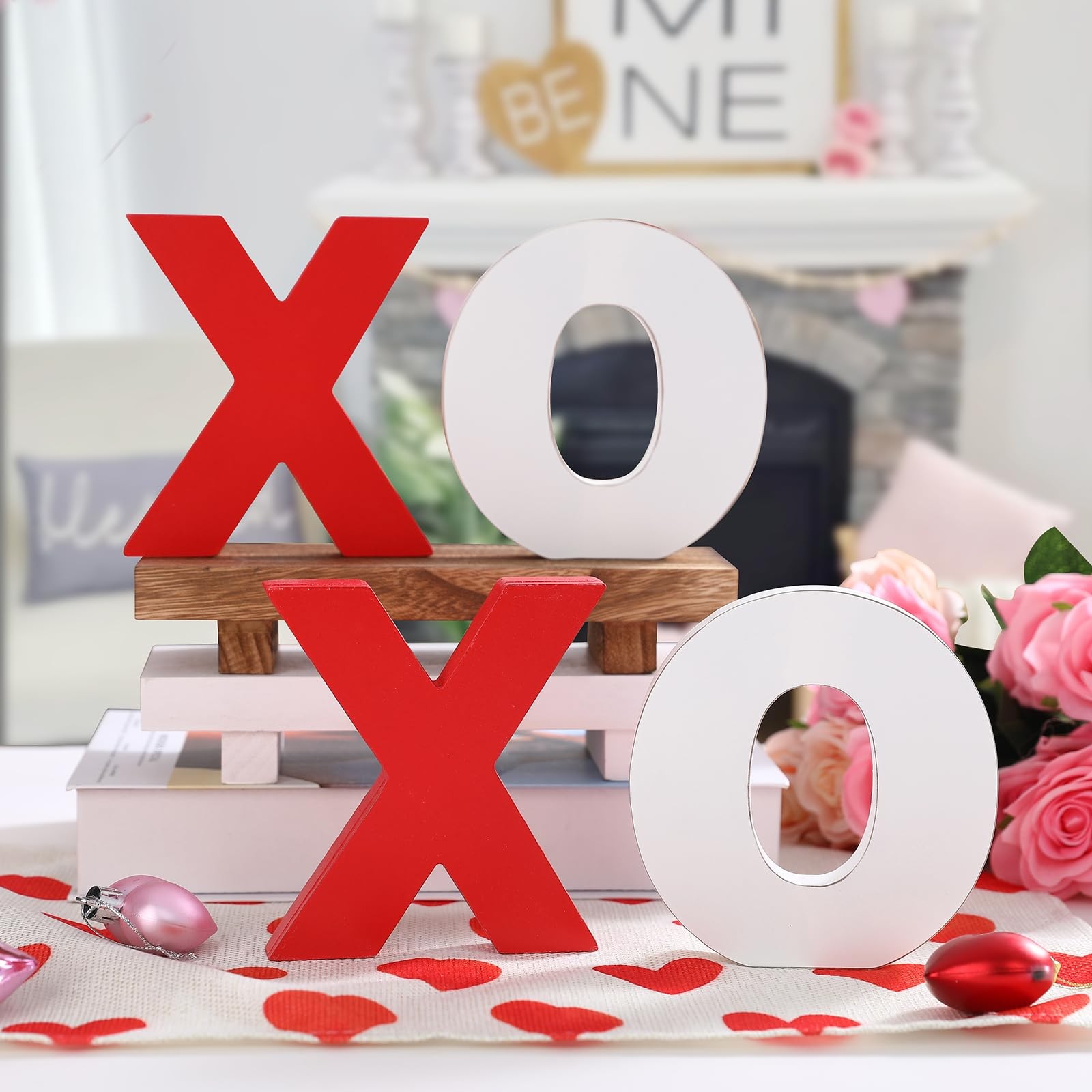 Wooden XOXO Tabletop Sign Classic White Red Valentines Day Decor Home Shelf