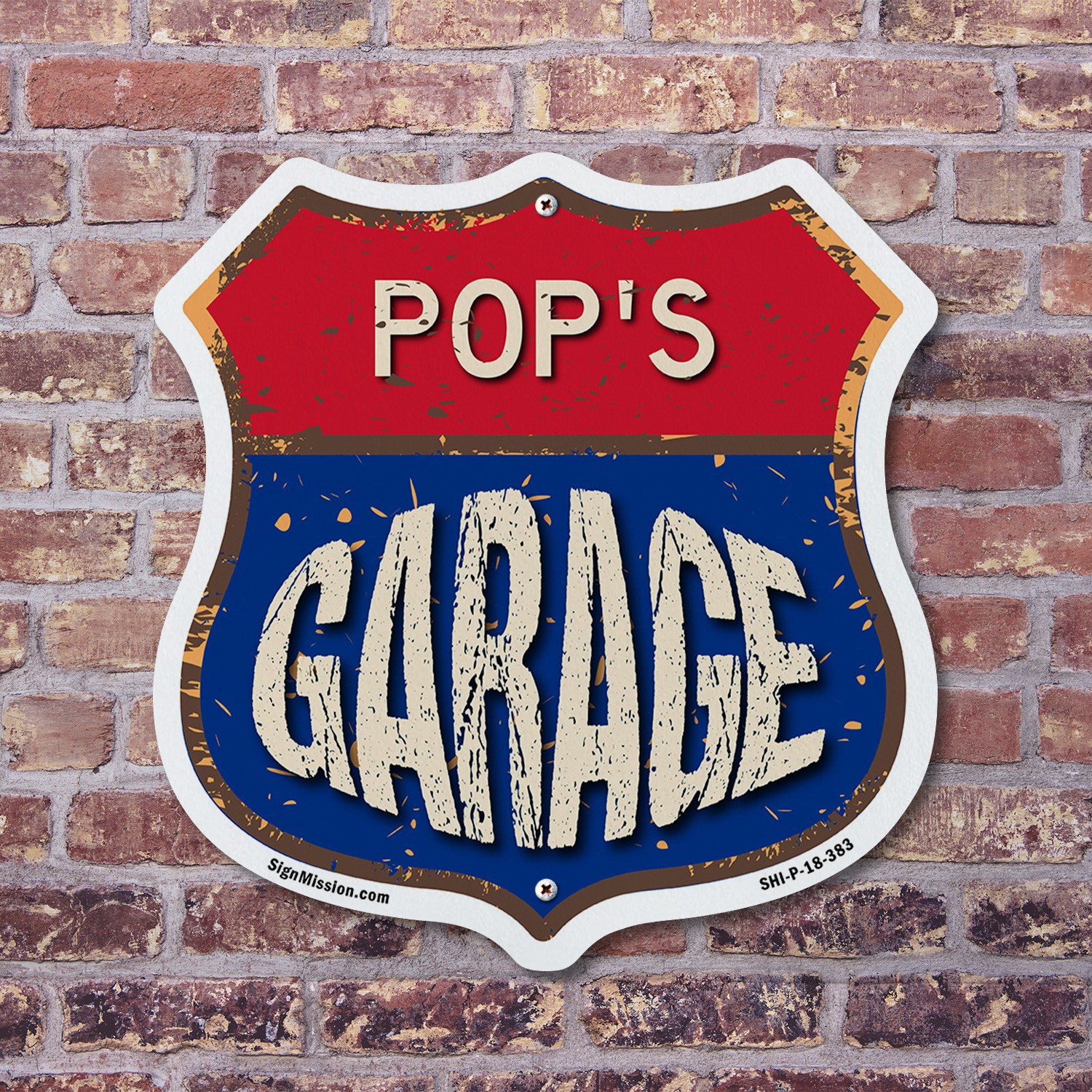 Pop&rsquo;s Garage Shield Shaped Sign Weather Resistant Crafted in the USA