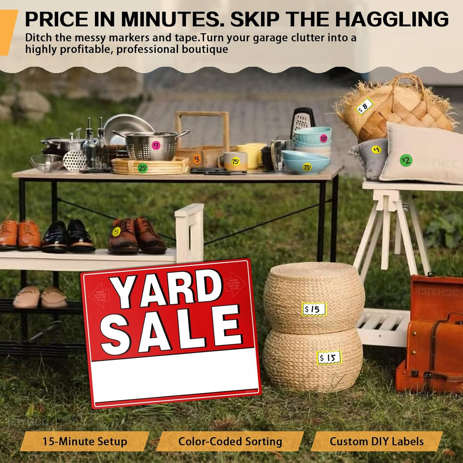 5-Pack Yard Sale Signs with Metal Stakes & 440 Price Stickers – Large 17X13&Prime; Dou