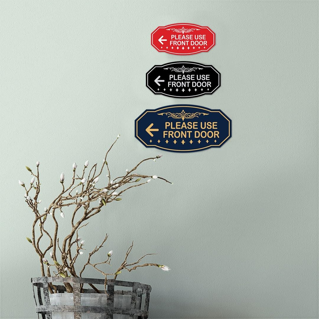 Victorian Please Use Front Door left Arrow Sign brushed Silver Small