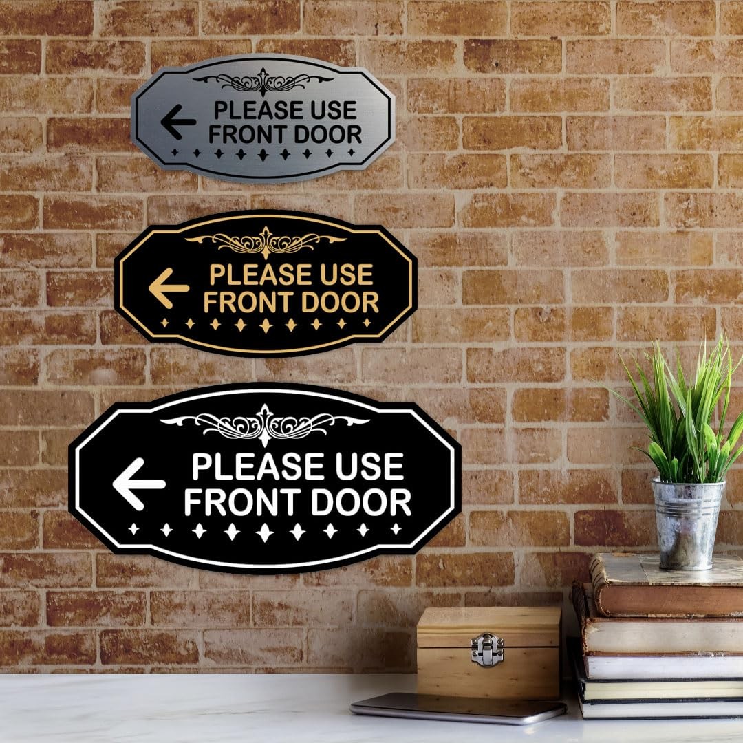 Victorian Please Use Front Door left Arrow Sign brushed Silver Small
