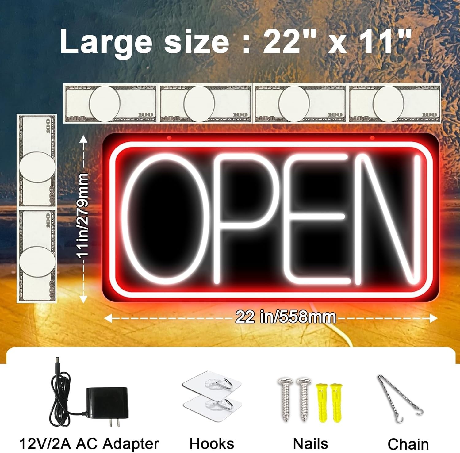 NEW 22×11 LED Neon Open Sign Plug In Light w ON OFF Switch Black Backplate