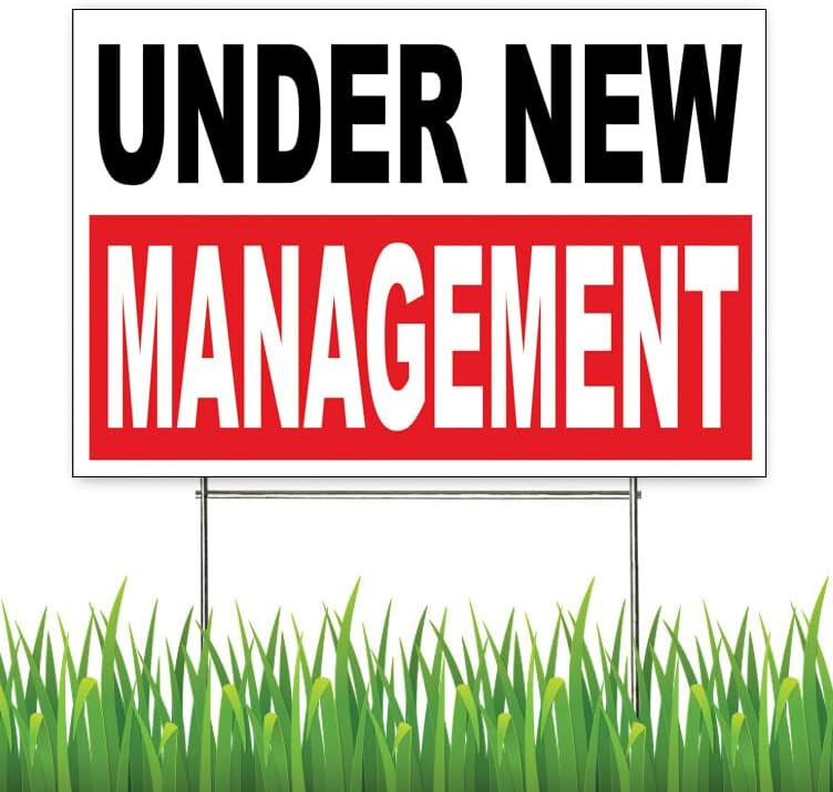 18×12 Inch UNDER NEW MANAGEMENT Yard Sign with Stake wrb1s