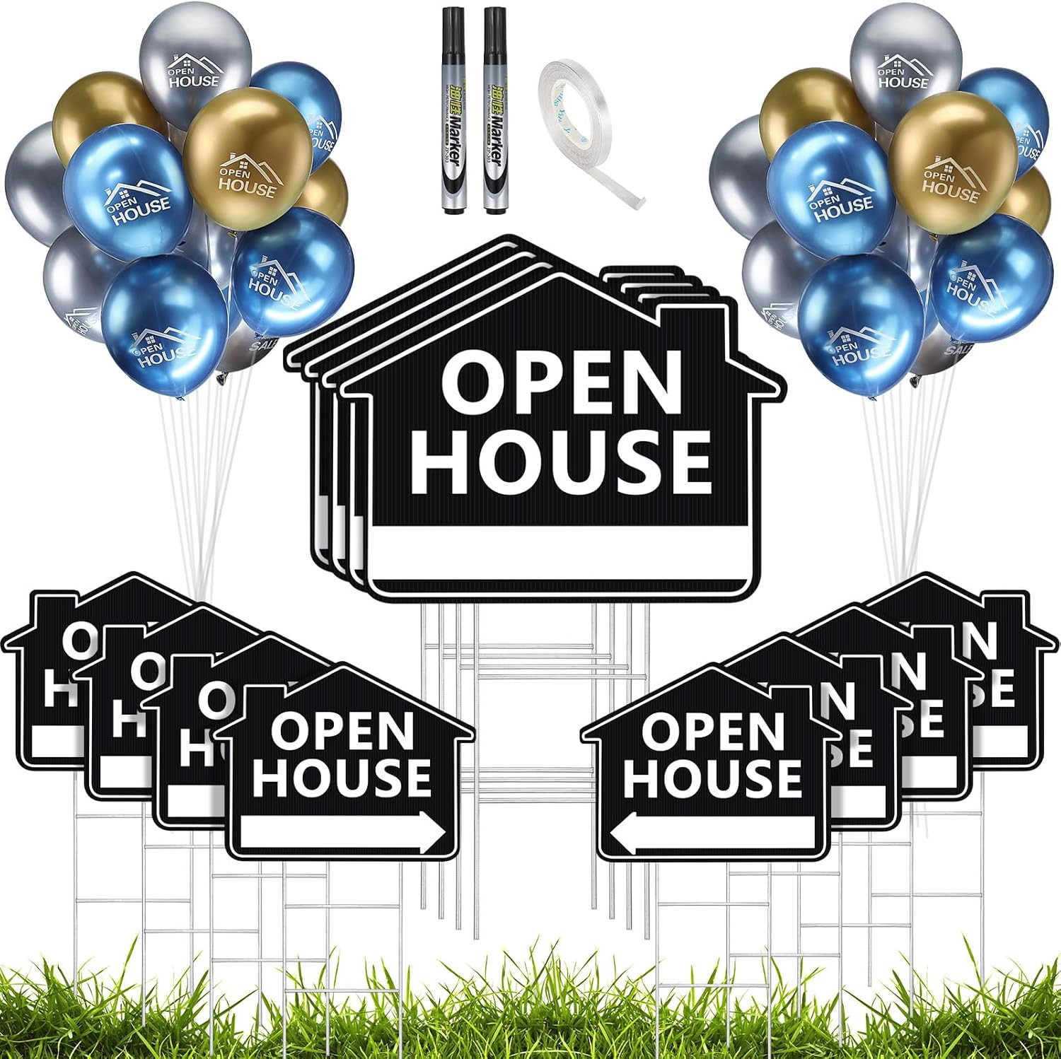 63 Pcs Double-Sided Open House Signs with Stakes & Balloons – Estate Sale Kit