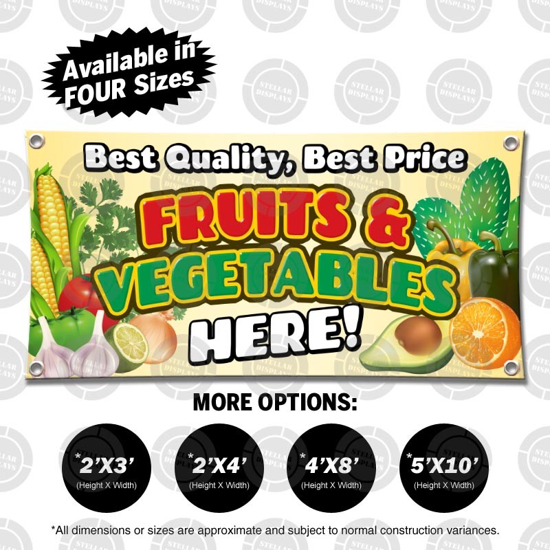 FRUITS & VEGETABLES Banner Open Sign Display Lona Fresh Produce Frutas Verduras