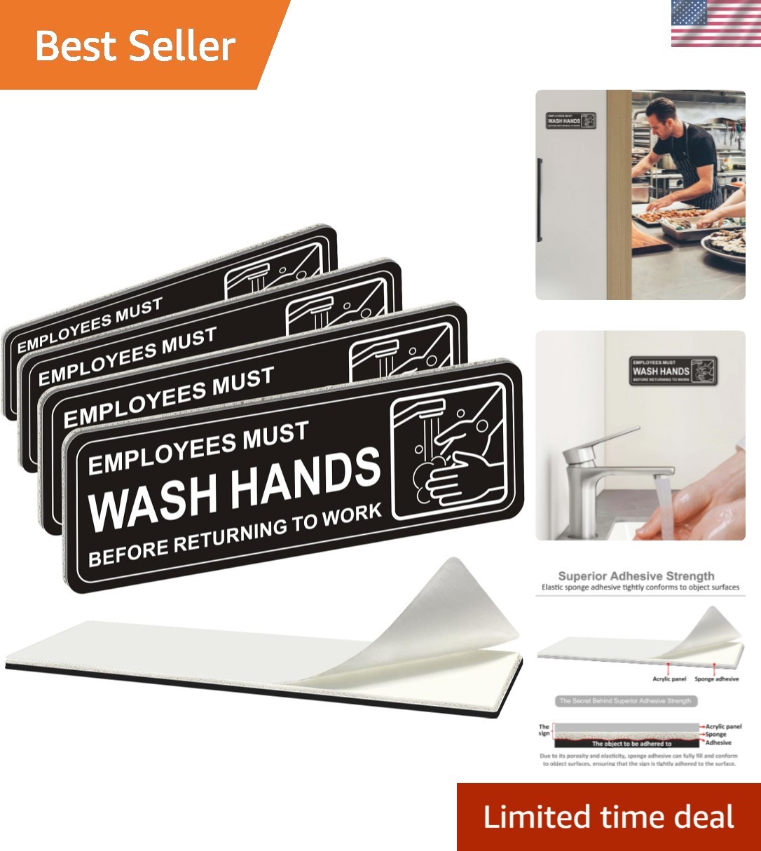 4 Pack Self-adhesive , 9&Prime; x 3&Prime; Durable Acrylic Hand Washing Signs with Symbo…